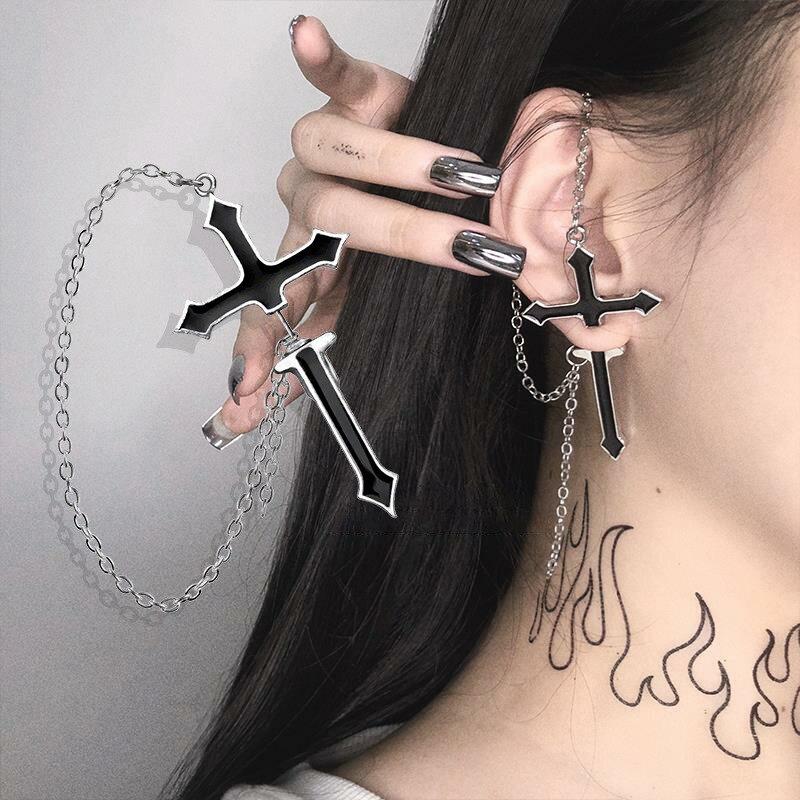 Black Crucifix Earring with Chain